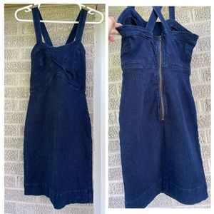 White label dark denim navy overalls dress xs bodycon EUC fitted stretch denim